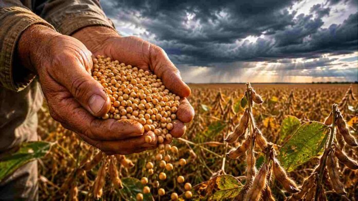 Manos de productor rural sosteniendo semillas de soja mientras algunas caen entre los dedos, con un lote de soja en etapa de llenado de vainas y un cielo de tormenta sobre la llanura pampeana.