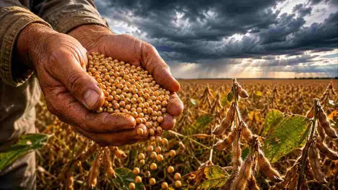 semillas-de-soja-en-manos-de-productor-bajo-cielo-de-tormenta Manos de productor rural sosteniendo semillas de soja mientras algunas caen entre los dedos, con un lote de soja en etapa de llenado de vainas y un cielo de tormenta sobre la llanura pampeana.