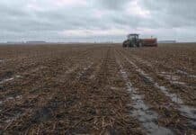 Cebada 2026/27: arranca la siembra con el 19% del área implantado Tractor con sembradora de granos finos detenido en un lote en barbecho con rastrojo de soja, suelo encharcado y charcos por exceso de humedad, bajo un cielo cubierto en la región pampeana durante la campaña de siembra de cebada.