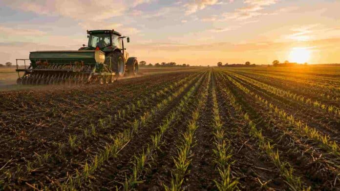 Tractor sembrando trigo en un lote agrícola de Entre Ríos al atardecer, con surcos recién implantados y condiciones favorables para el avance de la campaña 2026/27.