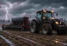 Pronóstico meteorológico agropecuario: vientos con ráfagas y chaparrones marcan el inicio de junio en el campo argentino Tractor Valtra con sembradora de granos finos trabajando sobre un barbecho mojado bajo lluvia intensa, con relámpago en el cielo y suelo embarrado en un campo agrícola.