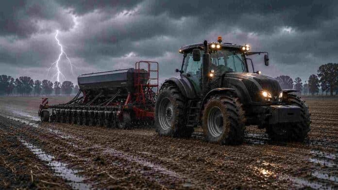 siembra-trigo-tormenta-relampago-tractor-valtra-ruralnet Tractor Valtra con sembradora de granos finos trabajando sobre un barbecho mojado bajo lluvia intensa, con relámpago en el cielo y suelo embarrado en un campo agrícola.