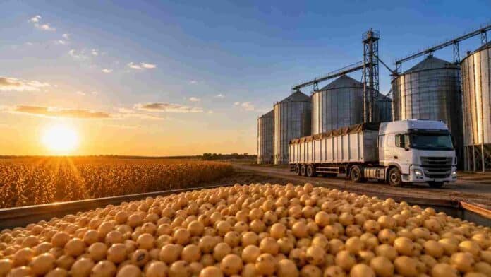 soja-acopio-silos-camion-mercado-granos Granos de soja en primer plano frente a silos de almacenamiento y un camión de carga en una planta de acopio agrícola al atardecer.