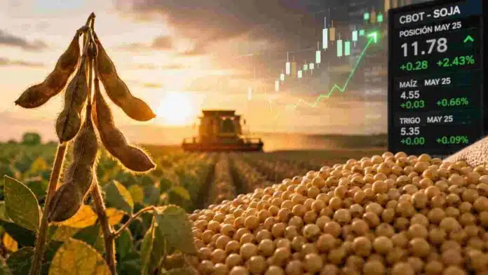 Cultivo y granos de soja con una cosechadora trabajando al atardecer, representando la suba de precios y la actividad del mercado de grano