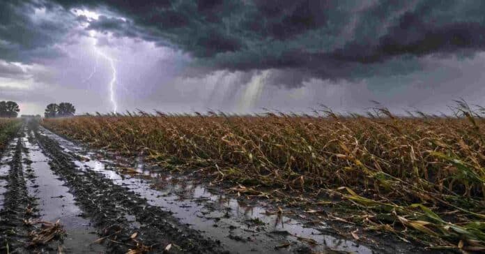 Campo pampeano bajo una fuerte tormenta con lluvia intensa, relámpagos y ráfagas de viento que vuelcan un cultivo de maíz próximo a cosecha. Se observan barro, charcos y cielo oscuro con actividad eléctrica sobre la llanura agrícola argentina.