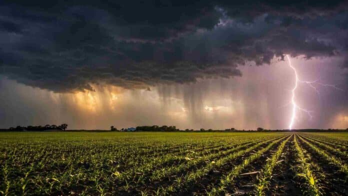 Alt: Tormenta eléctrica con relámpago sobre un campo agrícola argentino con cultivos en surcos y cielo oscuro.