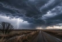 Lluvias, ráfagas de hasta 50 km/h y mínimas de 4°C: el frente frío que llega este domingo Cielo tormentoso de invierno sobre la llanura pampeana argentina con relámpagos, nubes oscuras, lluvia, fuertes vientos y un camino rural que se pierde en el horizonte.