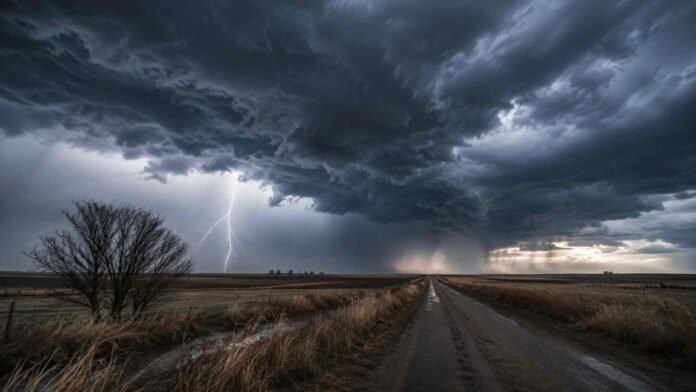 Cielo tormentoso de invierno sobre la llanura pampeana argentina con relámpagos, nubes oscuras, lluvia, fuertes vientos y un camino rural que se pierde en el horizonte.