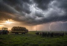 Lluvias y tormentas en el NEA el domingo y heladas en el centro: el pronóstico agropecuario del 27 al 29 de junio Tormenta intensa sobre un campo del litoral argentino con un rodeo de bubalinos y un tractor que remolca un acoplado playo cargado con fardos, bajo un cielo con relámpagos y lluvia al atardecer de invierno.
