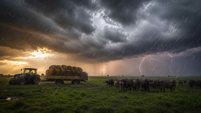 Tormenta intensa sobre un campo del litoral argentino con un rodeo de bubalinos y un tractor que remolca un acoplado playo cargado con fardos, bajo un cielo con relámpagos y lluvia al atardecer de invierno.