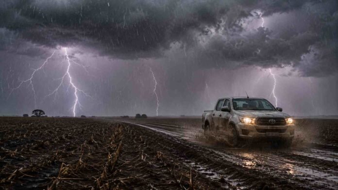 tormenta-relampagos-hilux-camino-rural-barbecho-ruralne Tormenta con intensos relámpagos y lluvia sobre un campo en barbecho, mientras una pickup recorre un camino rural embarrado salpicando barro bajo un cielo oscuro.