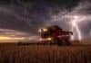 Tormentas, heladas y un salto de frío: así viene el tiempo para el campo entre miércoles y viernes Cosechadora Massey Ferguson con luces encendidas trabajando en un lote de soja R7 a punto de cosecha, bajo un cielo de tormenta con relámpagos en la región pampeana argentina.