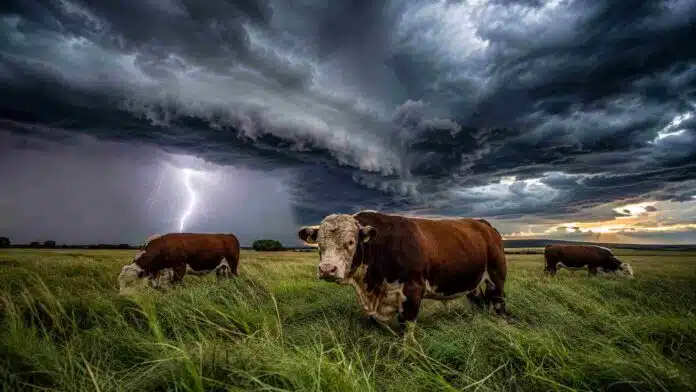 toros-shorthorn-tormenta-campo-pampeano-ruralnet Toros Shorthorn pastando en un campo pampeano bajo nubes de tormenta oscuras con relámpago y luz dramática de tarde.