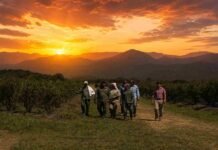 Desde julio sube la prestación por desempleo del RENATRE: máximo de $395.000 para trabajadores rurales Trabajadores rurales caminando por un campo al atardecer, entre cultivos y montañas, bajo un cielo cálido de tonos naranjas.