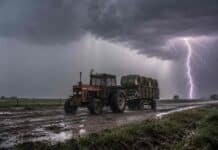 Alerta por tormentas fuertes este jueves: el SMN prevé hasta 70 mm en seis provincias Tractor Zanello antiguo con cabina tirando un acoplado playo con rollos de alfalfa bajo una tormenta con lluvia y relámpagos en un camino rural embarrado