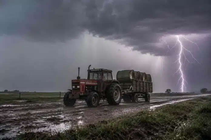tractor-zanello-tormenta-rollos-alfalfa-ruralnet Tractor Zanello antiguo con cabina tirando un acoplado playo con rollos de alfalfa bajo una tormenta con lluvia y relámpagos en un camino rural embarrado