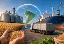 Por primera vez, el trigo argentino llegó a Brasil con la huella de carbono medida y certificada Campo de trigo argentino junto a instalaciones portuarias y logística de exportación de granos, representando una operación con trazabilidad ambiental y certificación de huella de carbono para mercados internacionales.