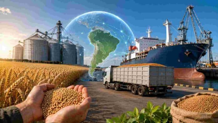 trigo-argentino-huella-carbono-certificada-brasil-ruralnet Campo de trigo argentino junto a instalaciones portuarias y logística de exportación de granos, representando una operación con trazabilidad ambiental y certificación de huella de carbono para mercados internacionales.