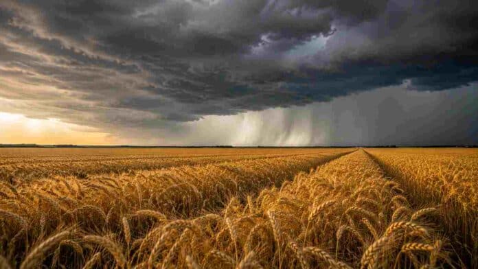 Campo de trigo maduro bajo un cielo con fuertes tormentas asociadas al fenómeno El Niño, con lluvias intensas en el horizonte y condiciones climáticas de alto impacto para la producción agrícola.