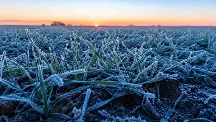trigo-helada-escarcha-region-pampeana-ruralnet Plantas jóvenes de trigo cubiertas por escarcha y cristales de hielo durante una helada al amanecer en la región pampeana argentina, con luz fría invernal y suelo parcialmente congelado.