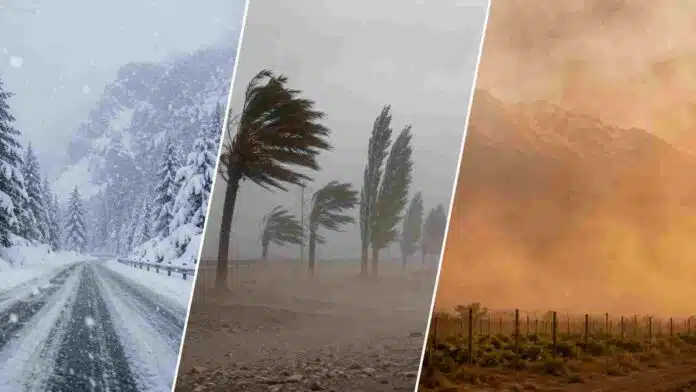 Composición climática con nevadas en la Patagonia, fuertes ráfagas de viento y viento Zonda con polvo en suspensión sobre zonas cordilleranas y productivas.