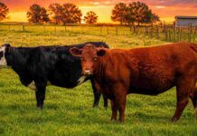 Argentina registra récord en el peso de faena bovina en mayo Dos vacas en una pastura verde al atardecer, con cielo naranja, alambrados rurales y árboles de fondo.
