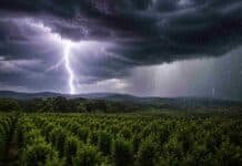 Dos alertas simultáneos: tormentas fuertes en Misiones y lluvia con nieve en la cordillera patagónica Plantación de yerba mate en Misiones bajo una tormenta subtropical con lluvia intensa, granizo y un fuerte relámpago iluminando el cielo oscuro.