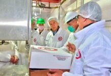 Omán recibirá más de 20 toneladas de carne caprina chaqueña Personal sanitario supervisa cajas de carne caprina en un frigorífico habilitado para exportación.