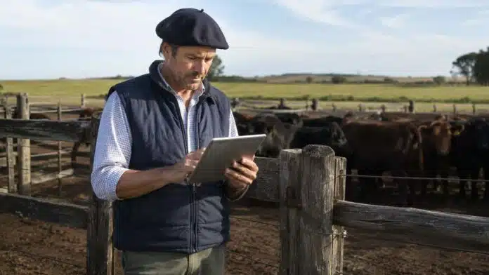 Productor ganadero actualiza datos del RENSPA en una tablet frente a un rodeo bovino.