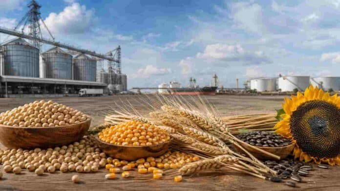 agro-exportaciones-record-semestre-ruralnet Granos de soja, maíz, trigo y girasol en primer plano, con silos y un puerto exportador al fondo, en una escena que ilustra el récord de exportaciones argentinas y el aporte del agro.