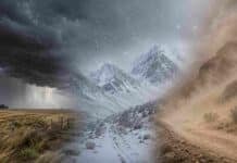 Alerta naranja por nieve y avisos por tormentas y viento Zonda Tormentas fuertes, nevadas intensas y viento Zonda representados en una escena de alerta meteorológica en Argentina.