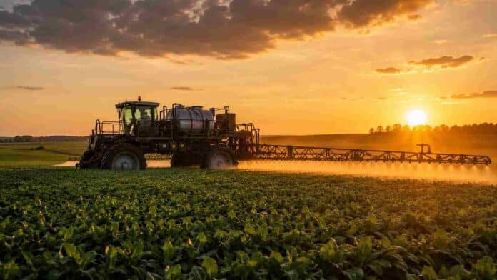 aplicacion-fitosanitarios-campo-atardecer-ruralnet Pulverizadora agrícola aplicando fitosanitarios sobre un cultivo durante el atardecer.