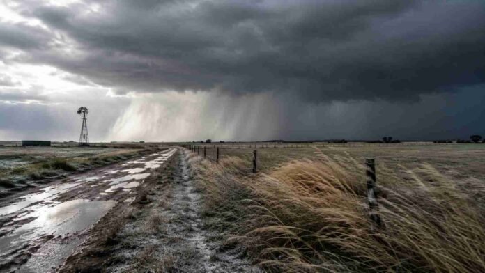 avanzan-lluvias-heladas-rafagas-campo-ruralnet Camino rural en campo abierto con molino, pastizales y cielo de tormenta, mientras avanza una cortina de lluvia intensa sobre el horizonte.