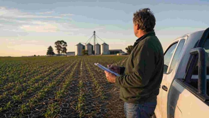 baja-rentabilidad-productor-agropecuario-ruralnet Productor agropecuario observa un lote junto a su camioneta y silos, en una escena vinculada con la baja rentabilidad y el aumento de los costos del campo.