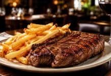 Vacuno, cerdo y pollo coincidieron en Palermo: el mejor momento para las carnes argentinas está por venir Bife de chorizo a la parrilla con papas fritas servido en un restaurante.