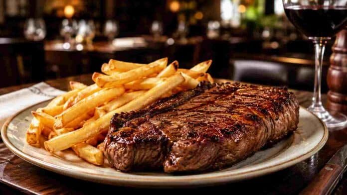 bife-chorizo-papas-fritas-restaurante-ruralnet Bife de chorizo a la parrilla con papas fritas servido en un restaurante.