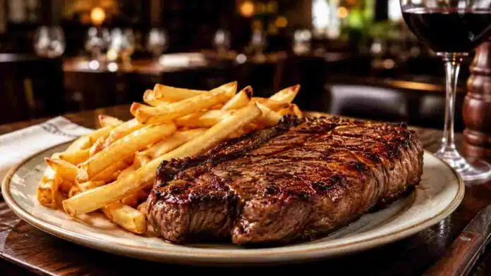 bife-chorizo-papas-fritas-restaurante-ruralnet Bife de chorizo a la parrilla con papas fritas servido en un restaurante.