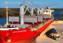 12.000 toneladas de soja sin transgénicos partieron desde Entre Ríos a Europa: un hito que llevó años construir Buque de carga en un puerto fluvial durante la operatoria de granos, con camión descargando cereal y maquinaria portuaria.