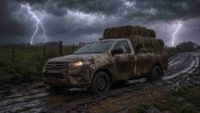 camioneta-camino-rural-embarrado-tormenta-ruralnet Camioneta cabina simple cargada con fardos de pasto avanza por un camino rural embarrado bajo lluvia intensa y relámpagos.