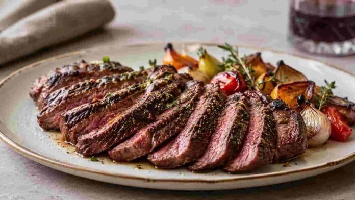 Plato con carne vacuna cocida y vegetales asados, en una presentación gastronómica sobre una mesa.