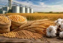 Chaco estructuró una operatoria inédita para financiar al campo Commodities agrícolas con soja, maíz, trigo y algodón en primer plano, con silos y campo productivo al fondo.