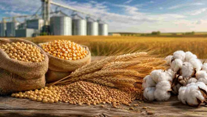 commodities-agricolas-soja-maiz-trigo-algodon-ruralnet Commodities agrícolas con soja, maíz, trigo y algodón en primer plano, con silos y campo productivo al fondo.
