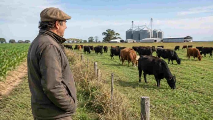 confianza-campo-ganaderia-crea-ruralnet Productor agropecuario observa un rodeo bovino en un campo argentino, con silos al fondo, en una escena que ilustra la confianza del sector y el pulso de la ganadería.