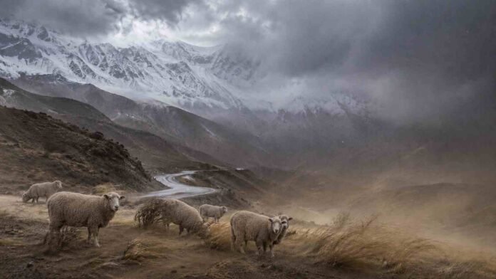 cordillera-nevada-ovinos-corriedale-alerta-ruralnet Ovinos Corriedale en un paisaje cordillerano bajo tormenta, con nieve en las montañas, viento fuerte y camino de montaña húmedo en el oeste argentino.