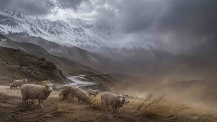 cordillera-nevada-ovinos-corriedale-alerta-ruralnet Ovinos Corriedale en un paisaje cordillerano bajo tormenta, con nieve en las montañas, viento fuerte y camino de montaña húmedo en el oeste argentino.