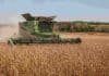La cosecha de soja 2025/26 cerró con 49,7 millones de toneladas y rindes récord de los últimos años Cosechadora trabajando en un lote de soja madura durante la cosecha, con polvo en suspensión y paisaje rural de fondo.