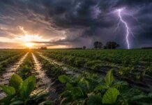 El Niño apunta a una campaña récord: prevén un escenario de alta productividad para el agro argentino Campo de soja en la Pampa Húmeda beneficiado por lluvias de El Niño, con cielo de tormenta, relámpago y suelo húmedo al atardecer.