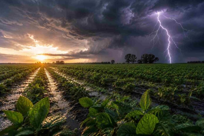 Campo de soja en la Pampa Húmeda beneficiado por lluvias de El Niño, con cielo de tormenta, relámpago y suelo húmedo al atardecer.