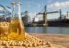 Exportaciones récord de aceites impulsan al agro, mientras el trigo y el maíz enfrentan nuevos desafíos Botella de aceite de soja junto a granos de soja, con un puerto agroexportador y un buque de carga en el fondo.