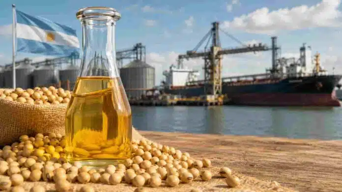 exportaciones-aceite-soja-argentina-ruralnet Botella de aceite de soja junto a granos de soja, con un puerto agroexportador y un buque de carga en el fondo.